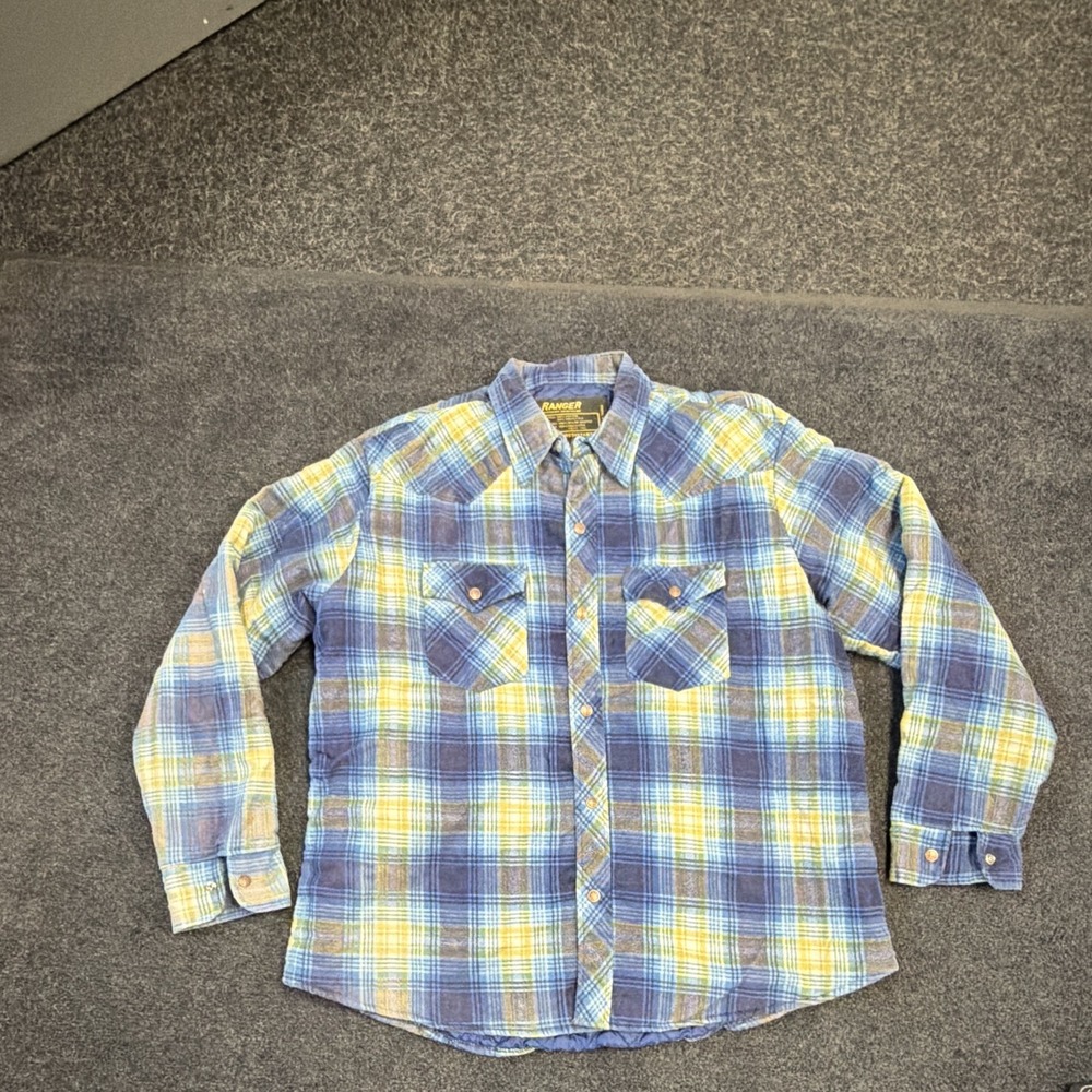 Ranger Mens XL Blue Yellow Plaid Quilted Flannel Shirt Lined Western Button Up